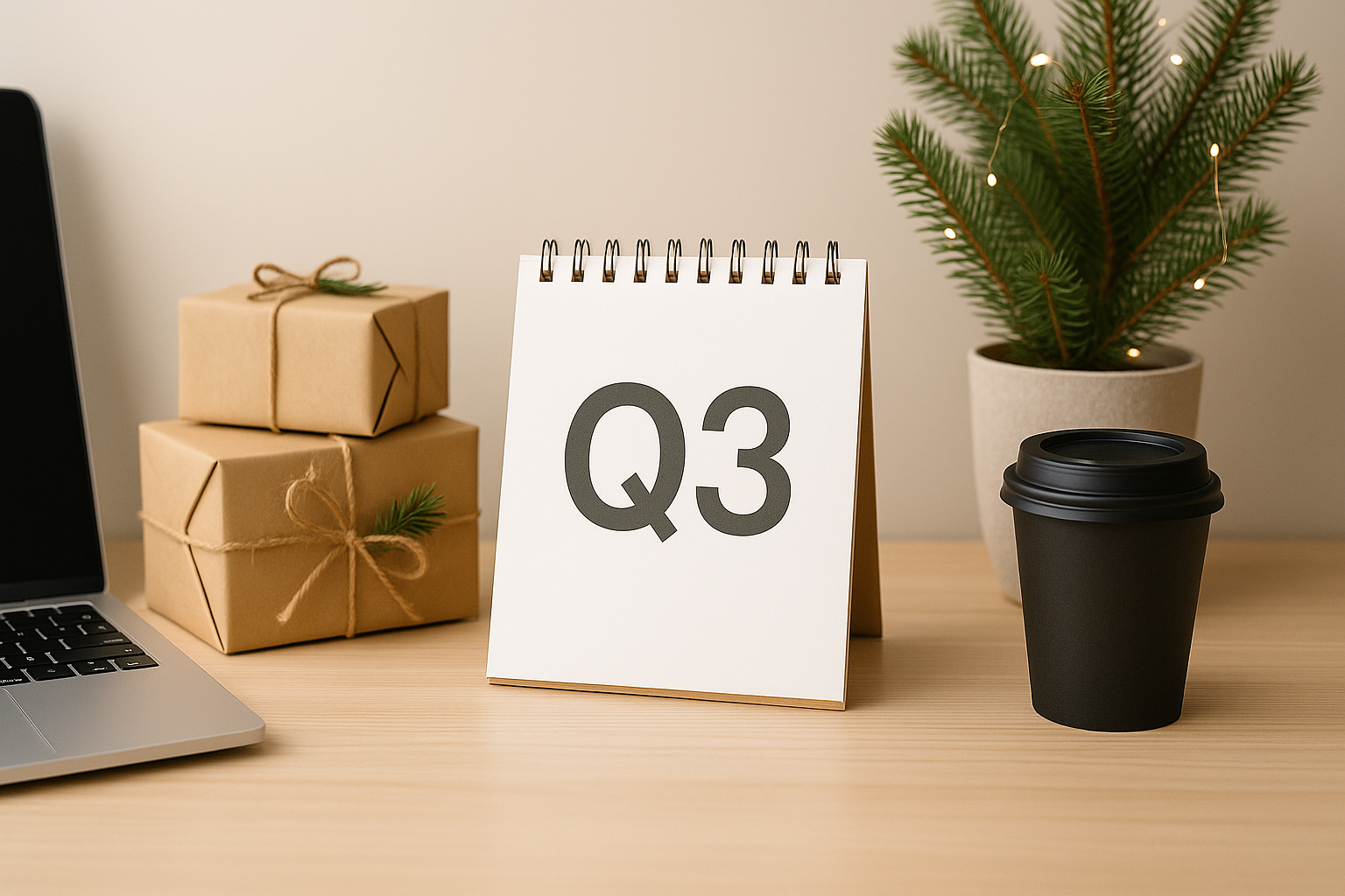 Flat lay of Q3 marketing planning essentials including a spiral calendar marked “Q3,” laptop, reusable water bottle, holiday gifts, and hoodie, all arranged in a clean beige workspace with minimalist seasonal decor.
