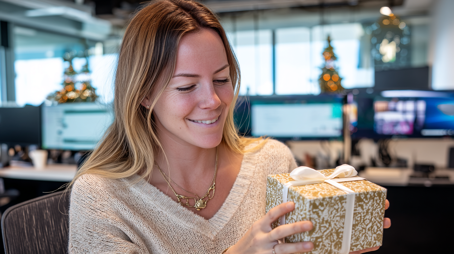 Young woman smiling while opening a gold and white holiday gift box at her desk in a modern office decorated for the holidays.