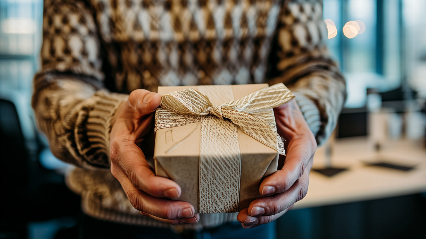 Close-up of a person in a festive sweater holding a neatly wrapped holiday gift with a textured ribbon, ready to be opened in a cozy, warmly lit office setting.