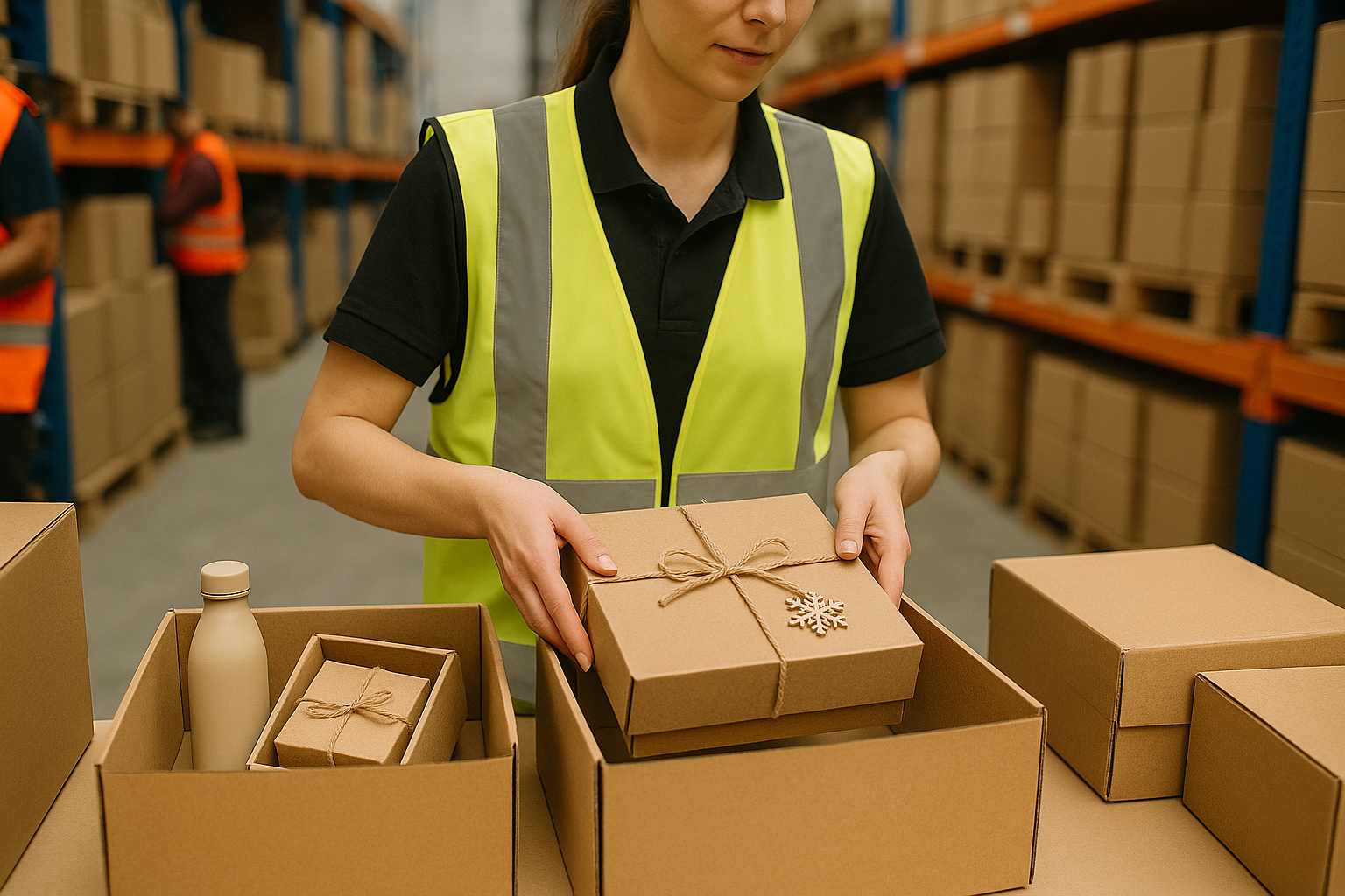 Warehouse employee in a yellow safety vest packing eco-friendly branded gift boxes into a shipping carton, with shelves of packages in the background.