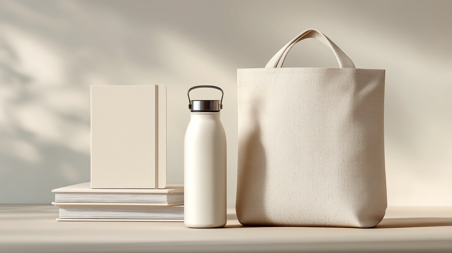Stylized eco-friendly promotional products including a notebook, bottle, and tote on a clean background.