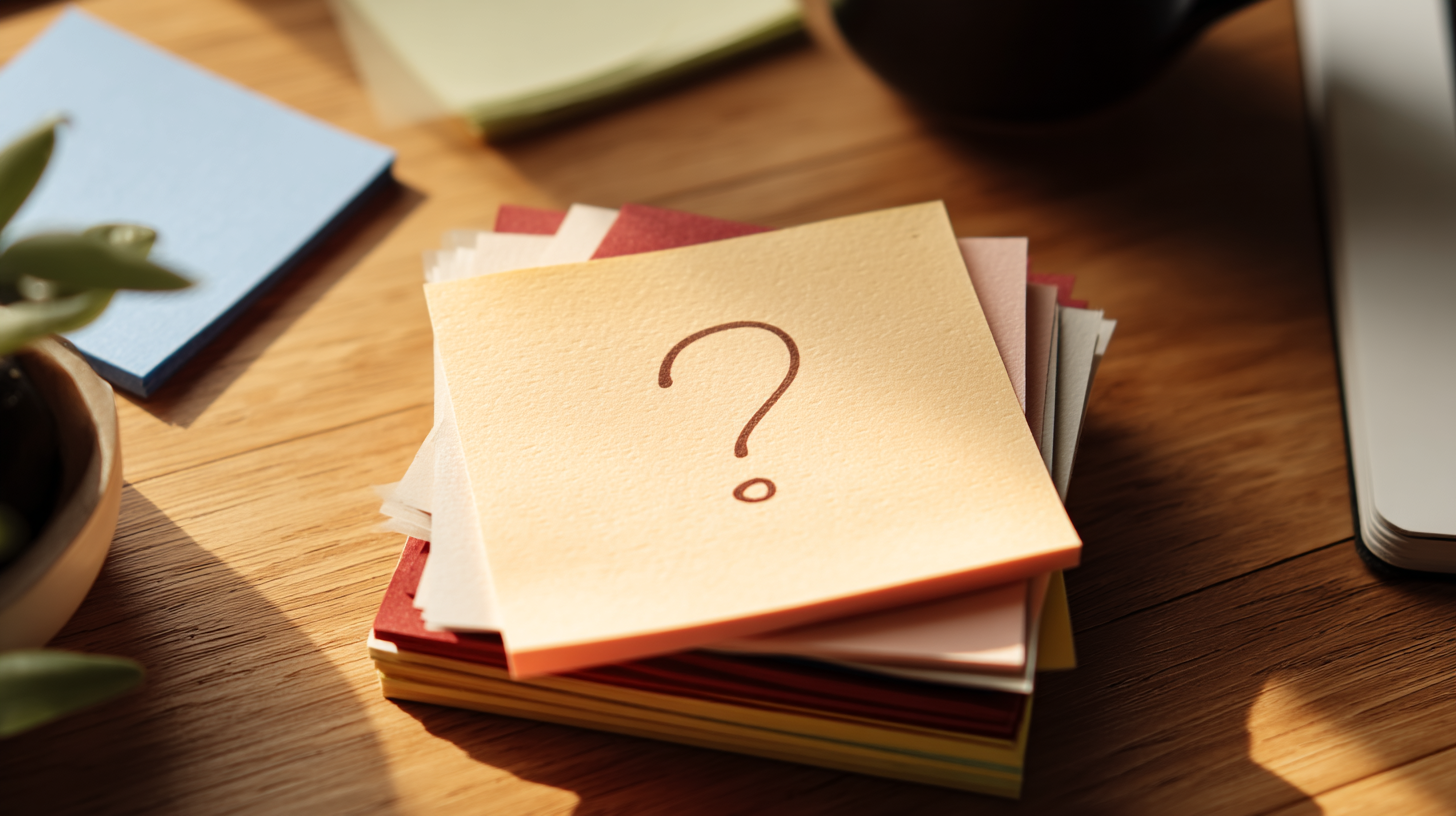 A stack of colorful sticky notes topped with a question mark on a desk next to a coffee cup.