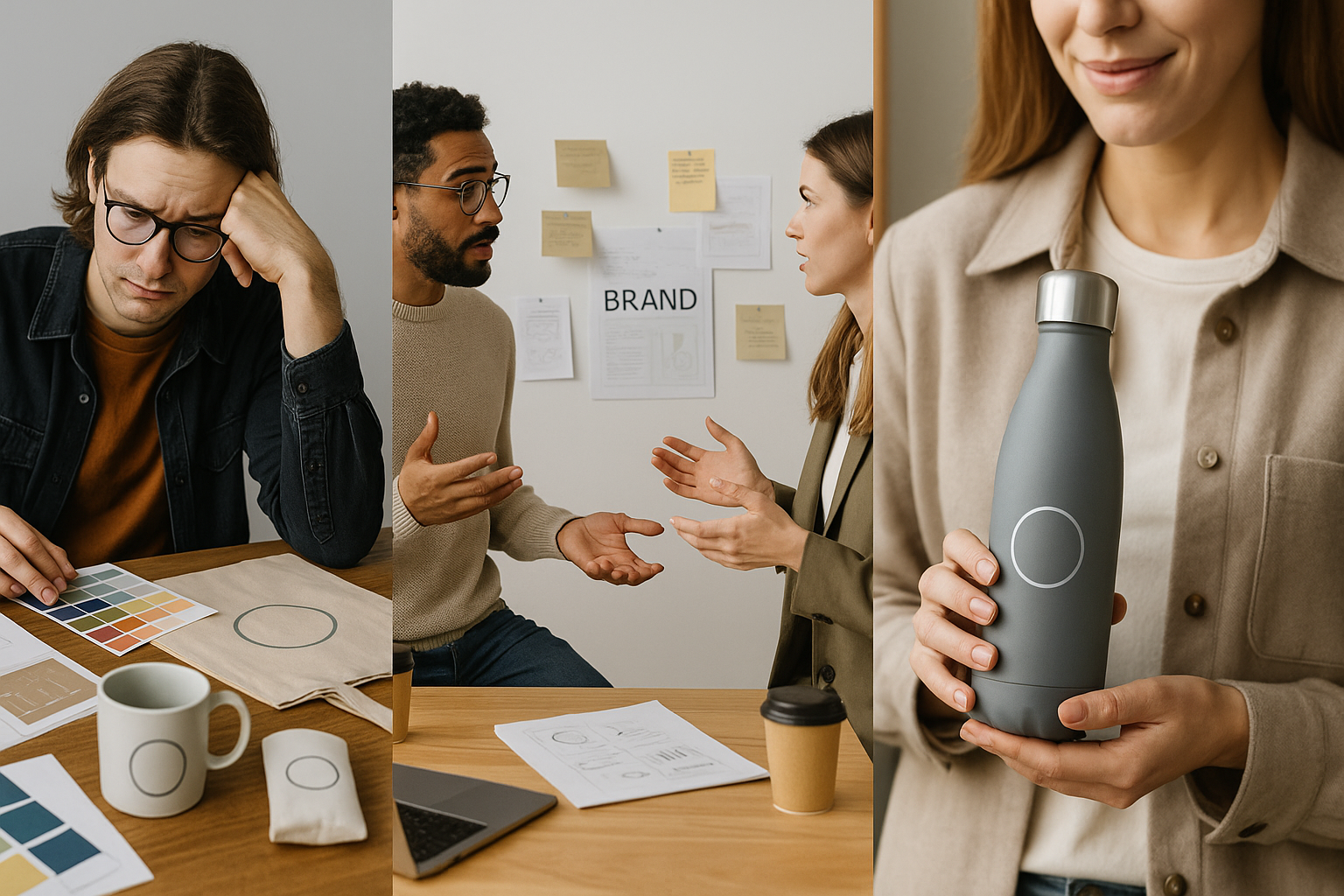 Three people move from confusion to collaboration to confident delivery during a creative project.