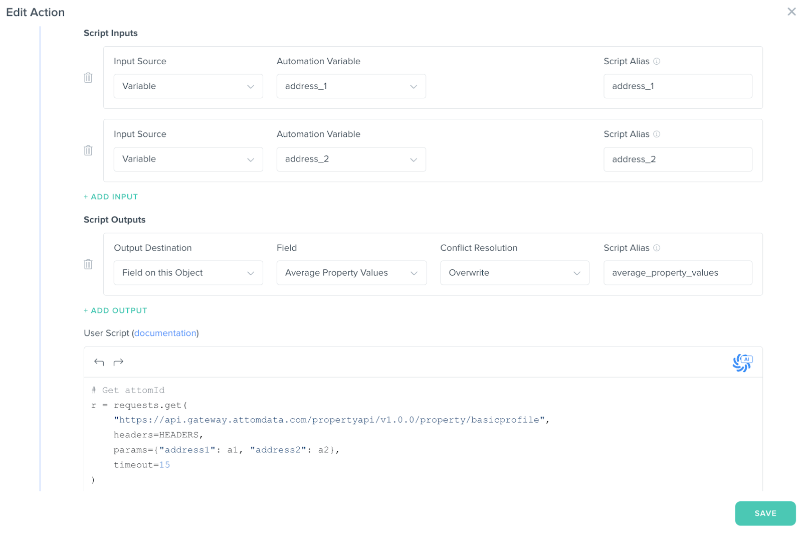 Kizen code step configuration showing script inputs for appraisal address variables and script outputs for calculating average property values using an external property data API.
