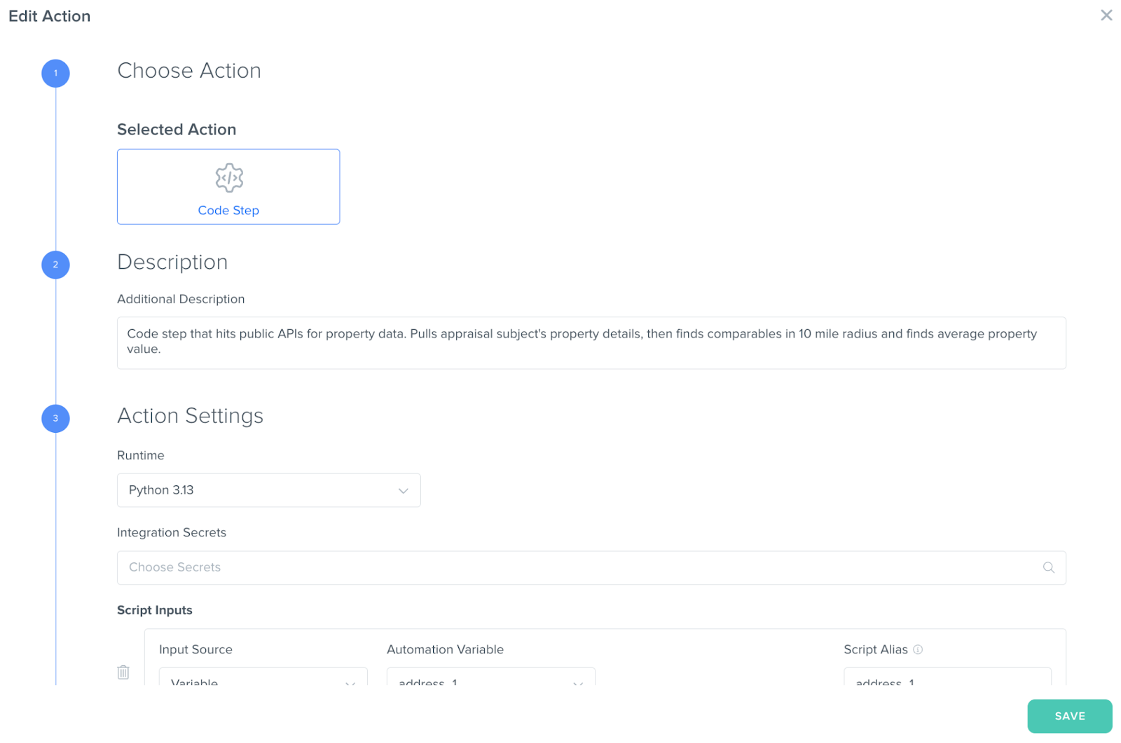 Kizen code step configuration screen showing Python runtime and API-based property data lookup for automated appraisal comps.