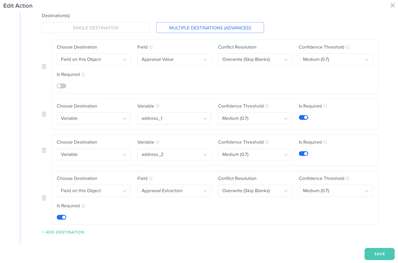 Kizen file extraction setup screen showing multiple destination fields, confidence thresholds, and extracted appraisal variables for automated appraisal analysis.