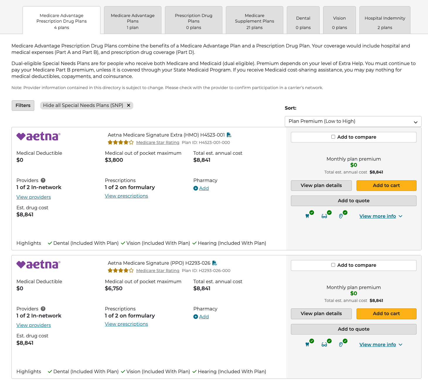 Medicare plan comparison screen displaying Aetna plan options with costs and benefits.