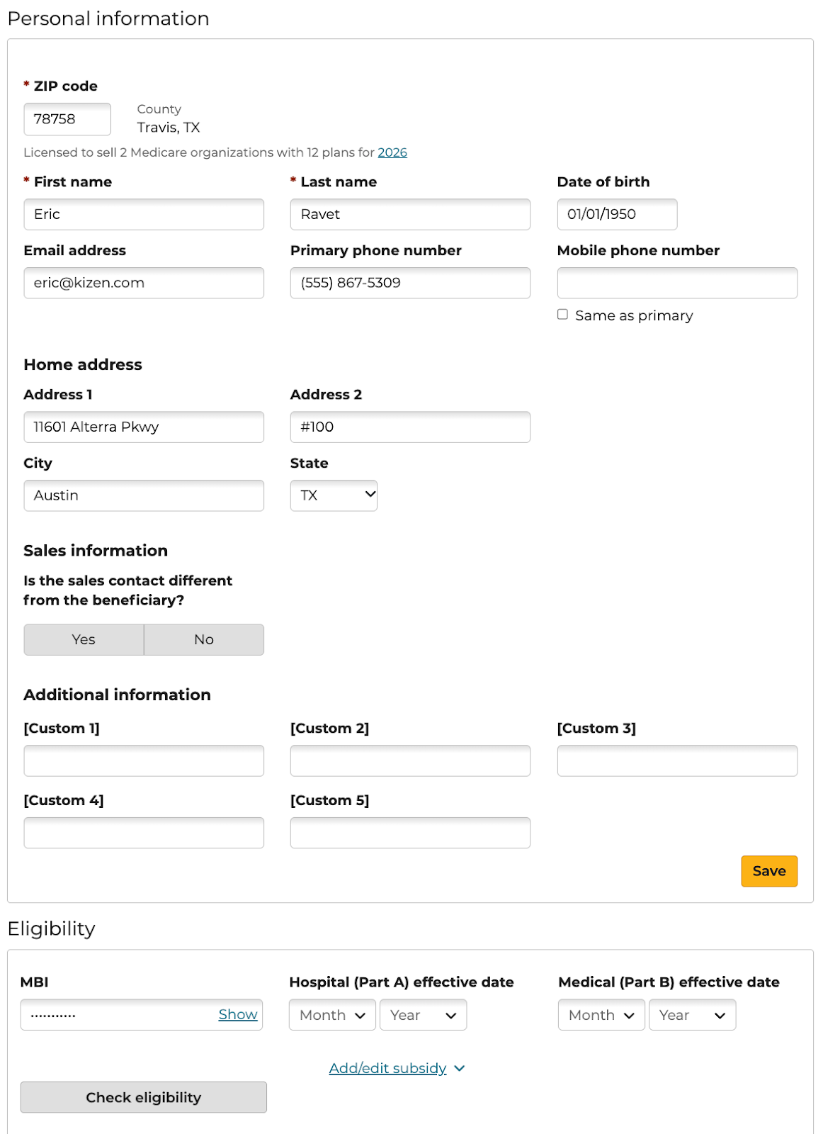 Medicare quoting form pre-filled with client personal details pulled from Kizen.