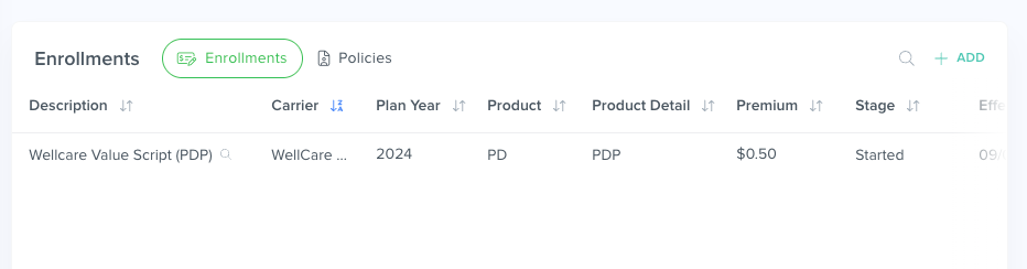Kizen enrollment record showing synced Medicare plan details for a client.