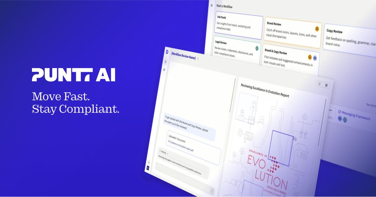Punt AI logo with tagline 'Move Fast. Stay Compliant.' next to screenshots of a compliance workflow interface and report review.