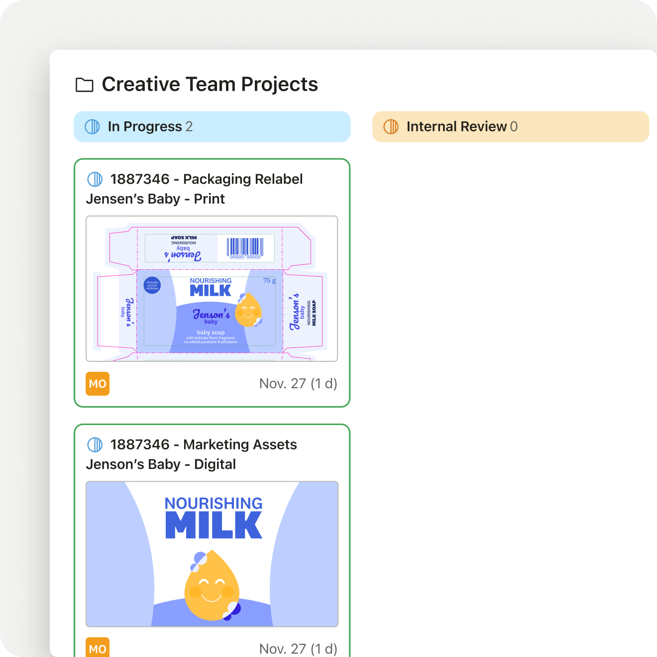 Dashboard showing Creative Team Projects with two In Progress tasks: Packaging Relabel and Marketing Assets for Jenson’s Baby Nourishing Milk.