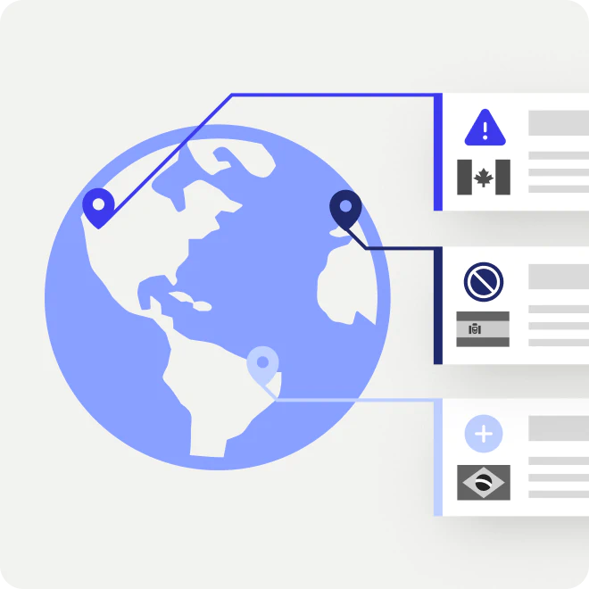 Illustration of a globe highlighting Canada, Mexico, and Brazil with connected icons showing compliance-related alerts and restrictions.