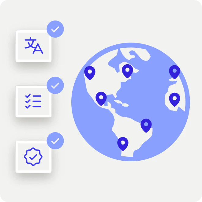 Illustration of a globe with six location markers on various continents, accompanied by three checkmarked icons representing translation, checklist, and quality assurance.