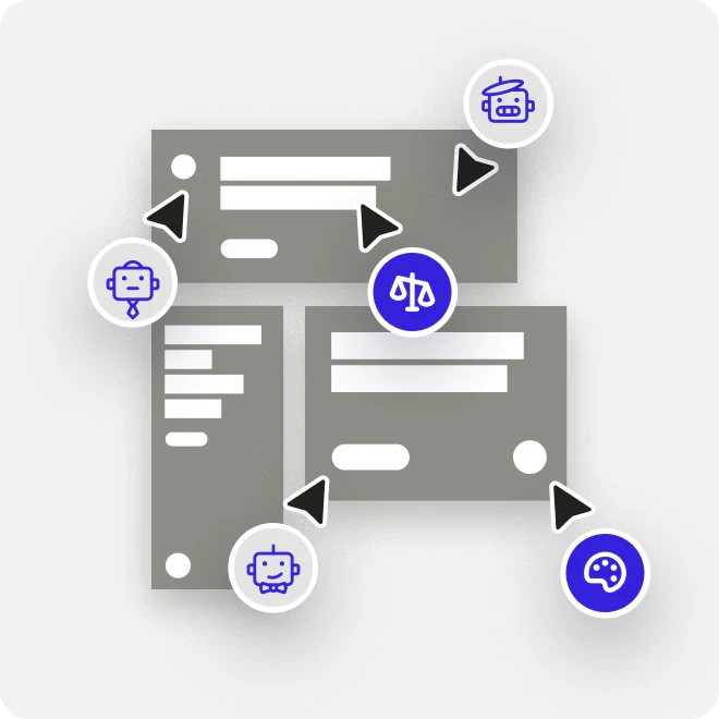 Illustration of overlapping gray interface windows with multiple cursor icons and blue circular badges showing robot faces, a scale of justice, and a painter’s palette for team collaboration.