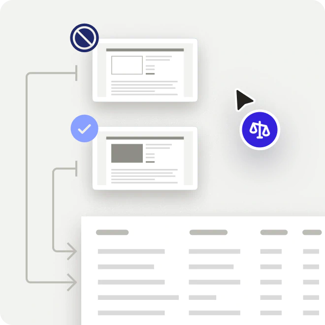 Illustration showing two document previews with a prohibited symbol on the top one and a checkmark on the bottom one, connected by arrows to a table below, suggesting document validation or approval process with a cursor near a legal scales icon.