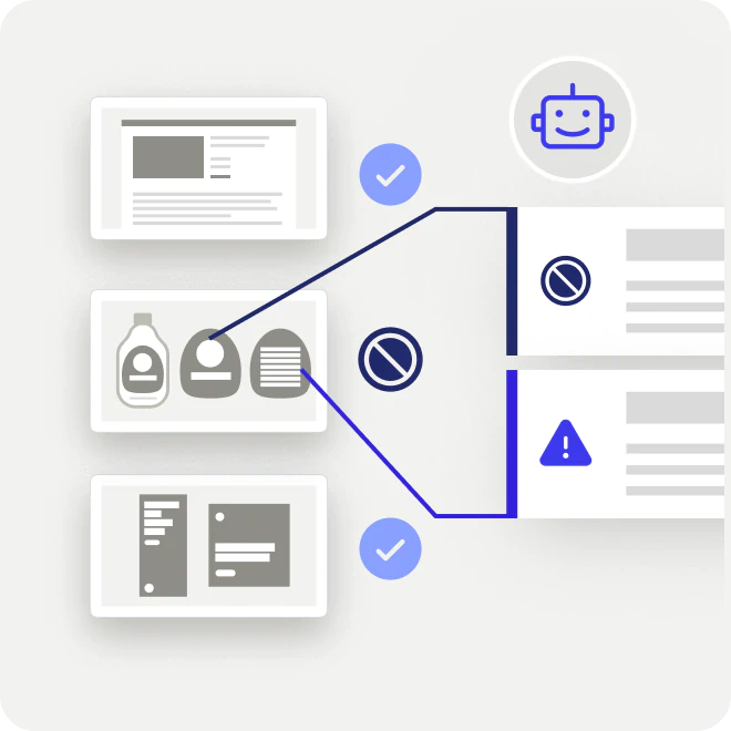 Graphic showing three product labels on the left, two marked with checkmarks and one highlighted in the center with no entry and warning icons leading to a smiling robot icon on the right.