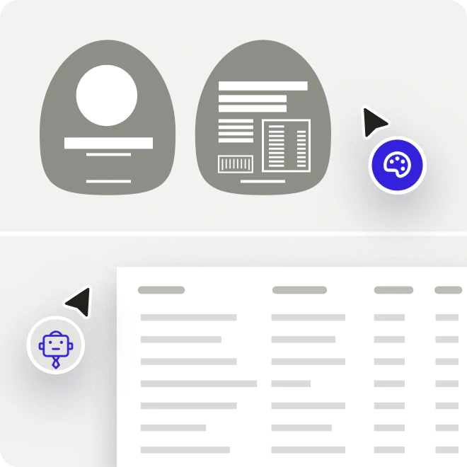 Interface showing abstract profile icons, text blocks, a table, and two cursor pointers near a paint palette and a robot icon.