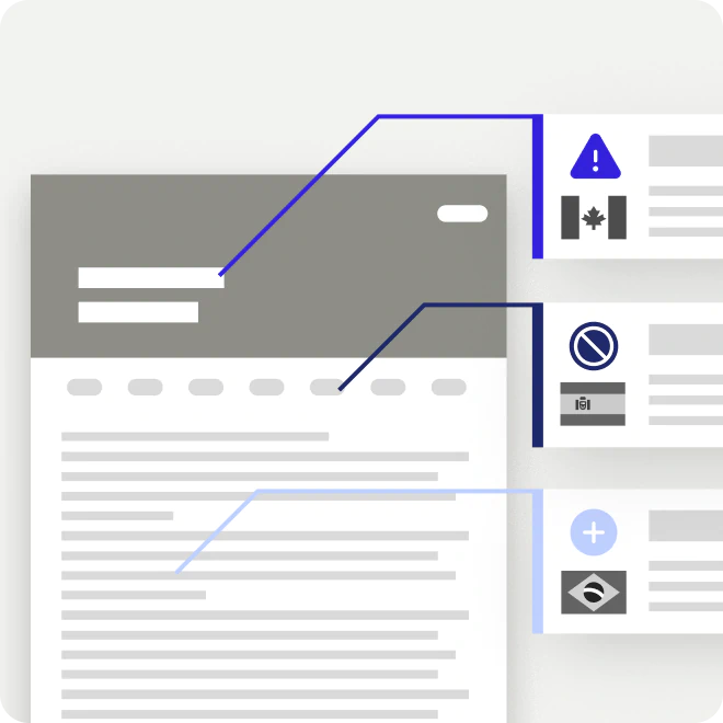 Document with connected icons displaying a warning with the Canadian flag, a prohibition sign with the Costa Rican flag, and a plus sign with the Brazilian flag.
