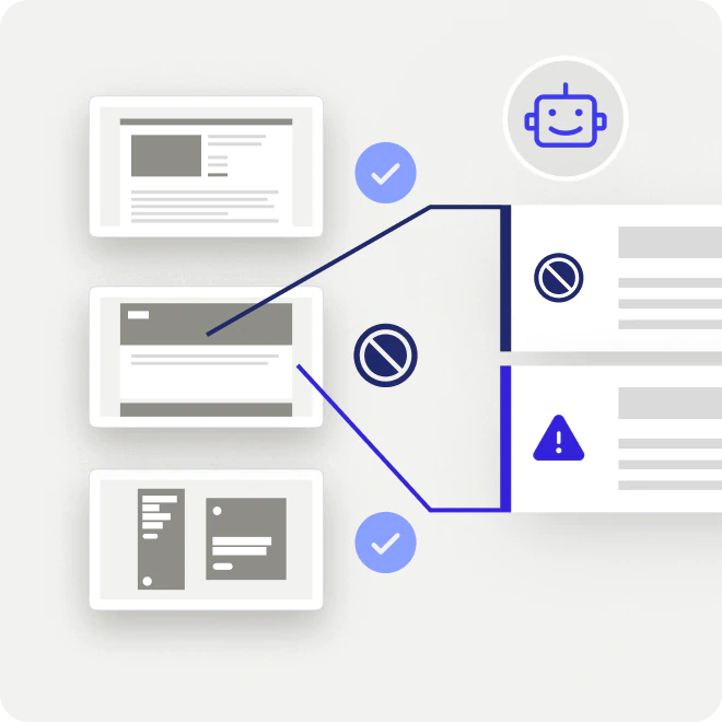 Illustration showing three content blocks connected to two icons representing approval status with check marks and warnings, alongside a smiling robot face icon.
