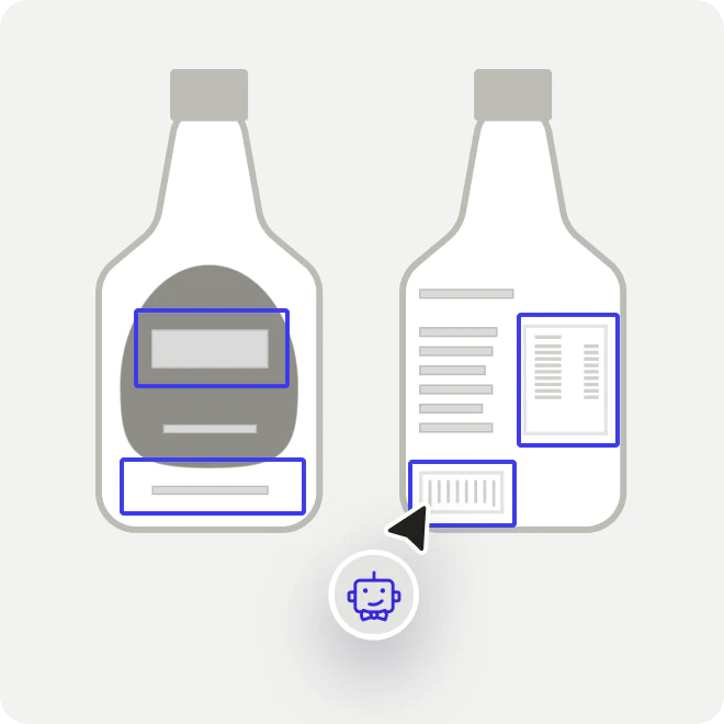 Illustration of front and back views of a bottle with highlighted label areas, including a barcode on the back.