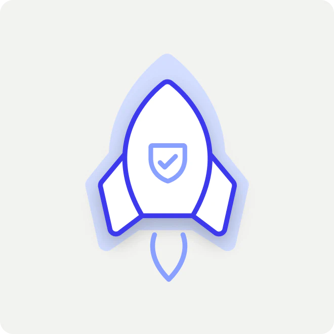 Blue and white rocket icon with a shield and checkmark symbol on its body.
