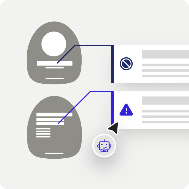 Diagram depicting two abstract user profiles connected to different alert messages and a chatbot icon.