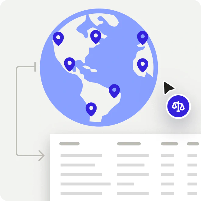 Illustration of a globe with location pins marking various points in North and South America, connected to a document icon with a legal scales symbol.