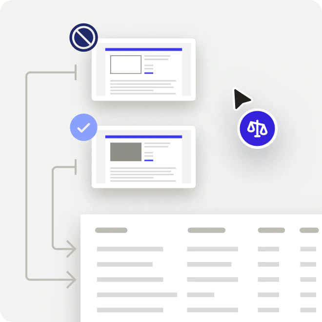 Diagram showing a comparison between two webpage previews with one marked denied and the other approved, linked to a table below, an arrow pointing towards a balance scale icon.