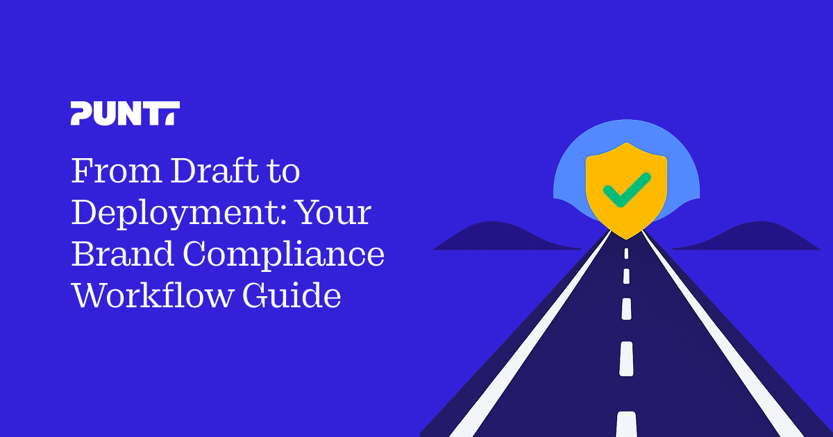 A road leading toward a shield with a checkmark, symbolizing a secure brand compliance journey