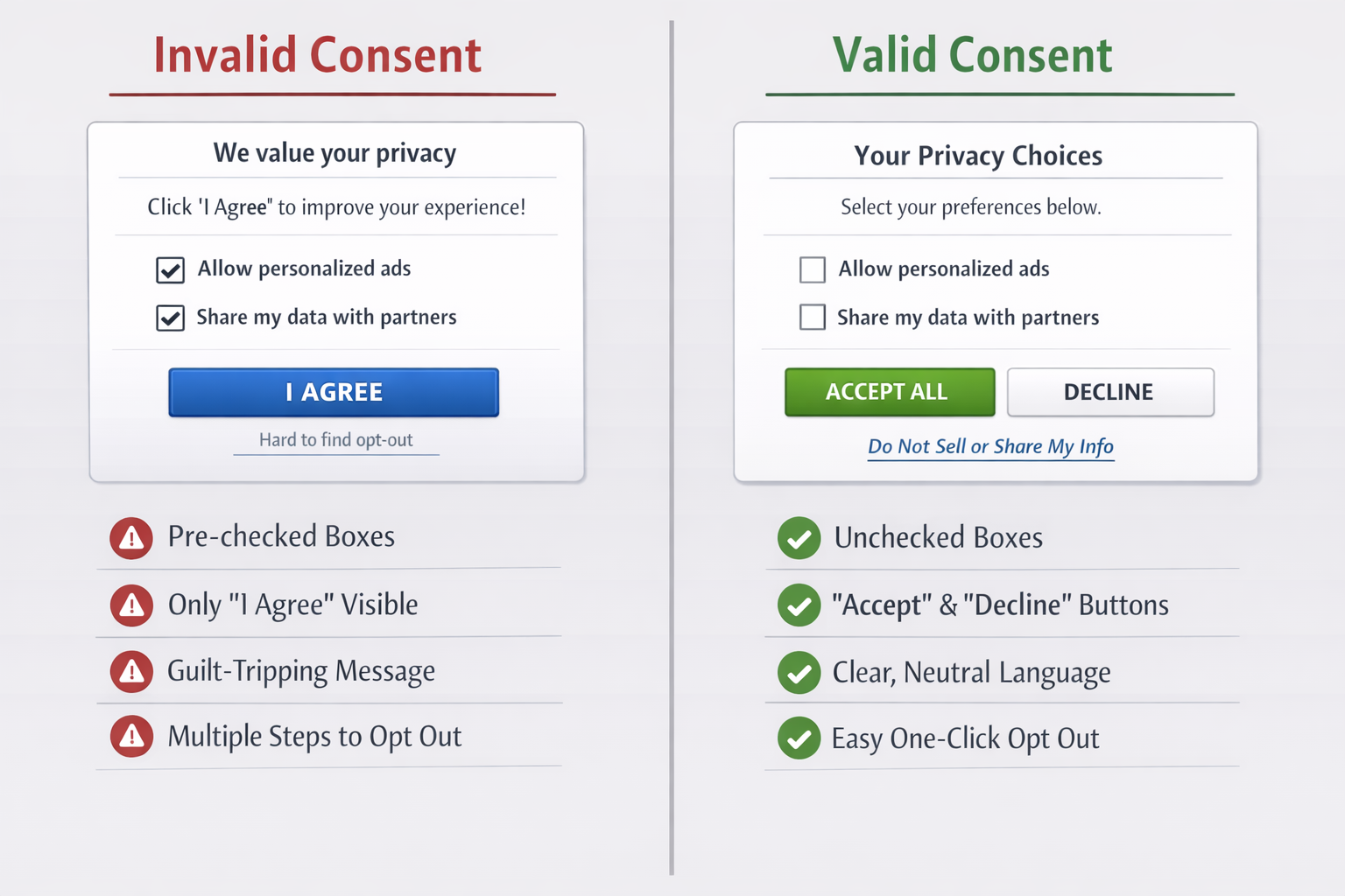 Checklist illustrating CPRA-compliant consent design principles, including equal accept and decline buttons, clear language, no pre-checked boxes, no bundled consent, and easy opt-out access.