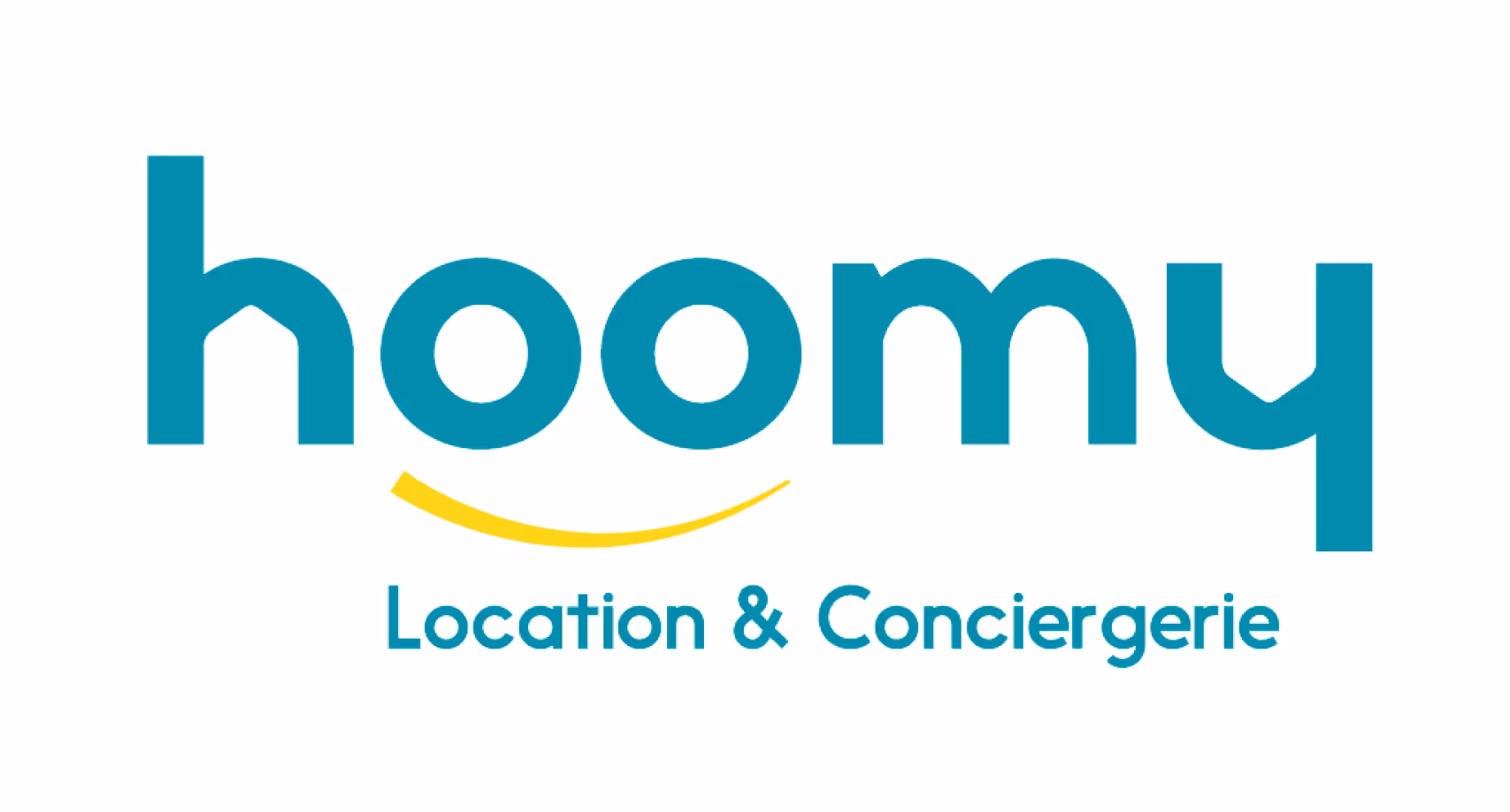 Hoomy logo with a yellow curved line underneath and the text 'Location & Conciergerie' below in teal.