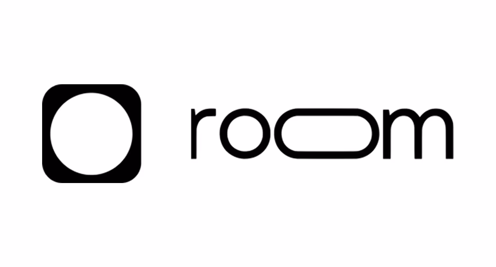 Black and white minimalistic logo with a black rounded square enclosing a white circle next to the word 'room' in a modern, rounded font.