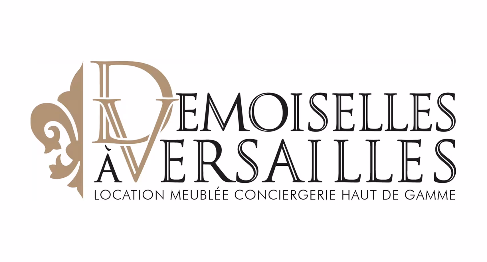 Logo for Demoiselles à Versailles, featuring stylized intertwined letters D and V with a decorative fleur-de-lis, and text indicating high-end furnished rental and concierge services in French.