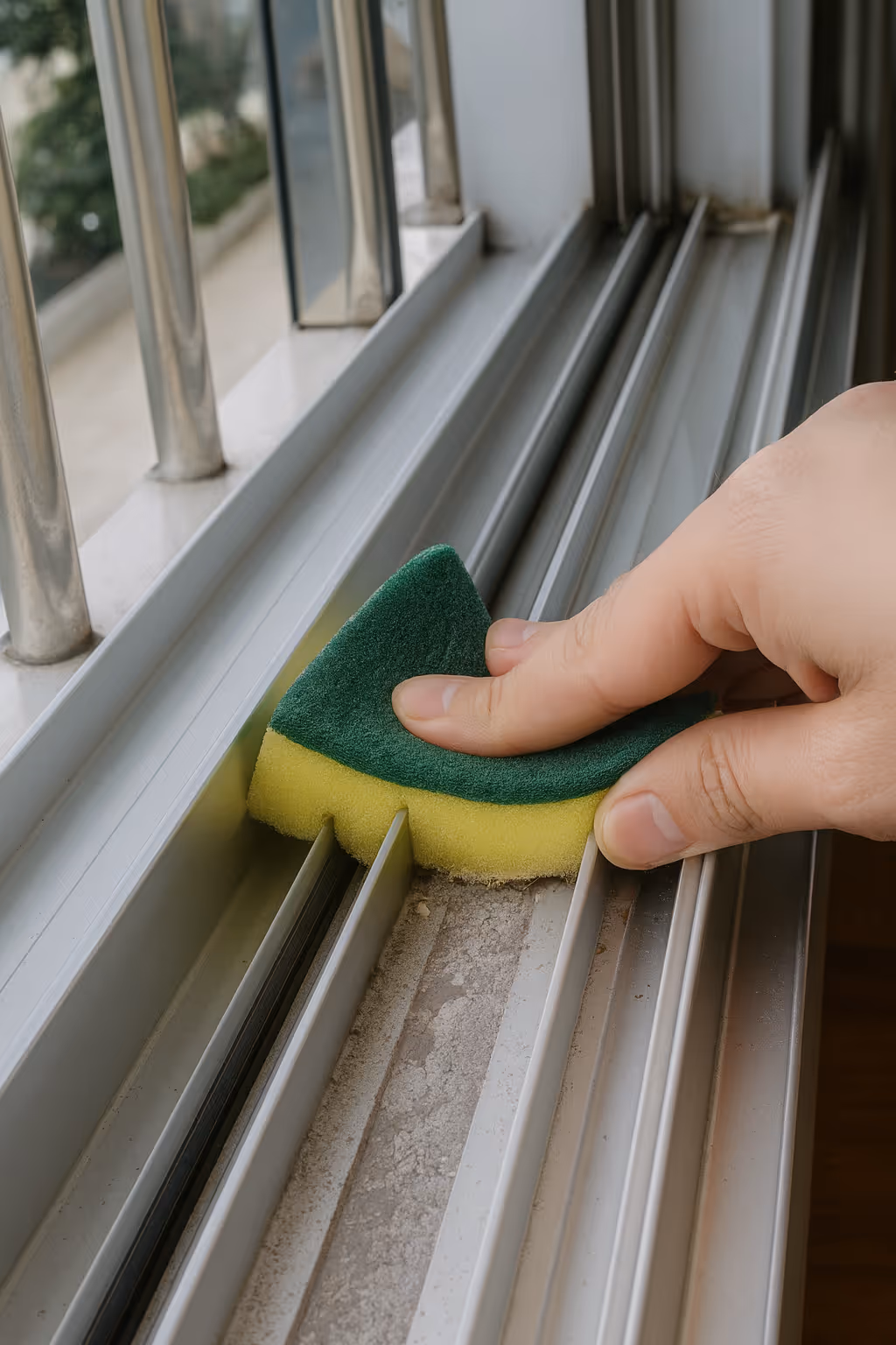 Hand cleaning dirty window track with a yellow and green scrub sponge.