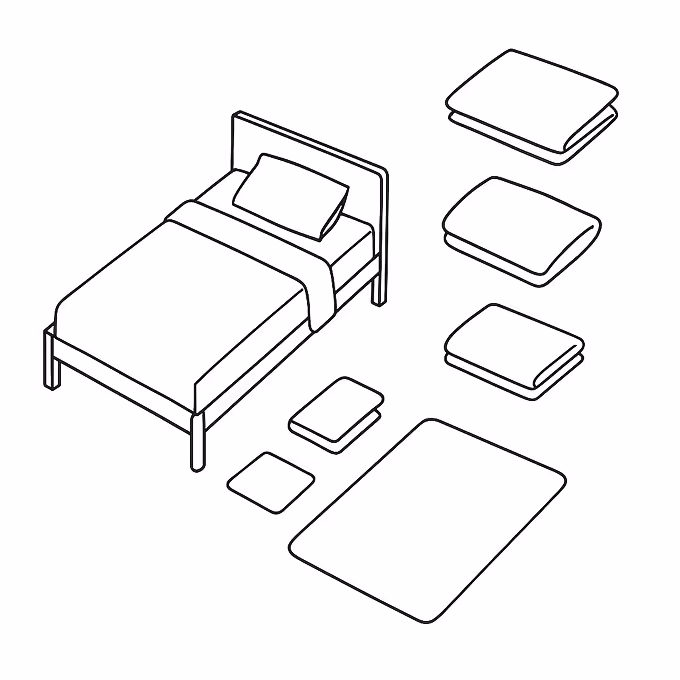 Isometric line drawing of a bed with a pillow and blanket alongside various folded linens and cushions.