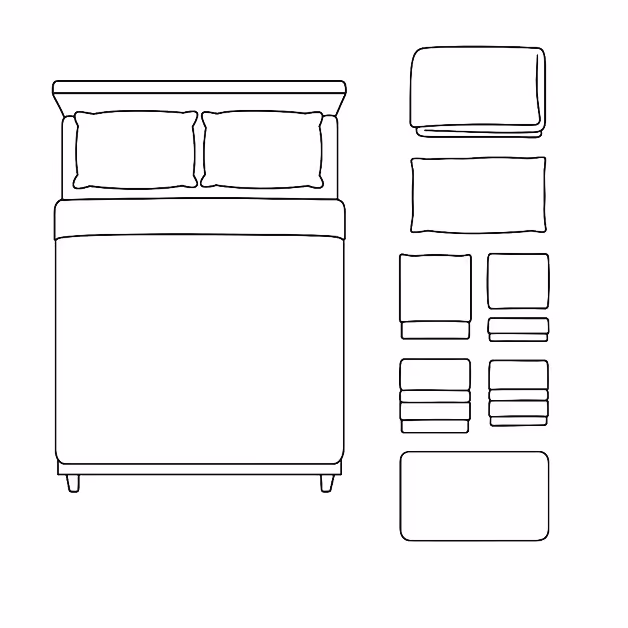 Line drawing of a bed with two pillows and eight different folded bed linens and towels arranged on the right side.