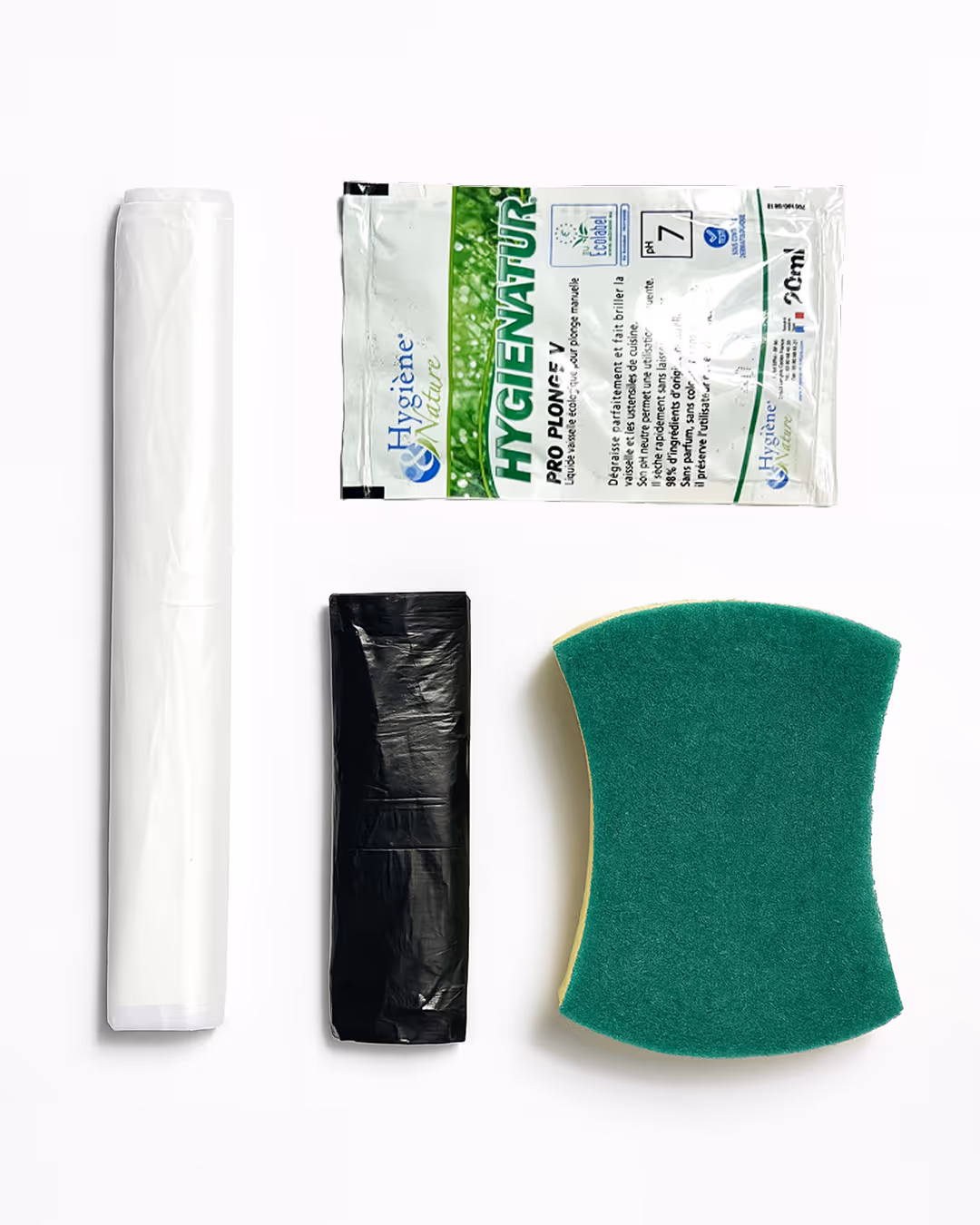 Set of cleaning supplies including white and black rolled bags, a green scouring sponge, and a packet of Hygienatur cleaning liquid.
