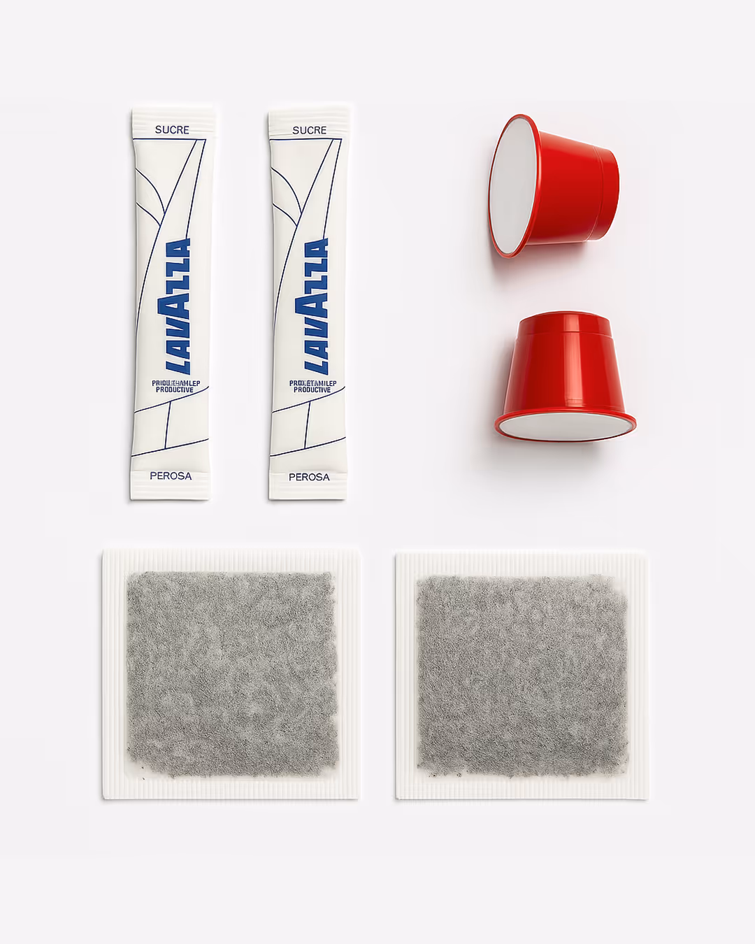 Two Lavazza sugar packets, two red coffee capsules, and two white square coffee pads arranged on a white background.