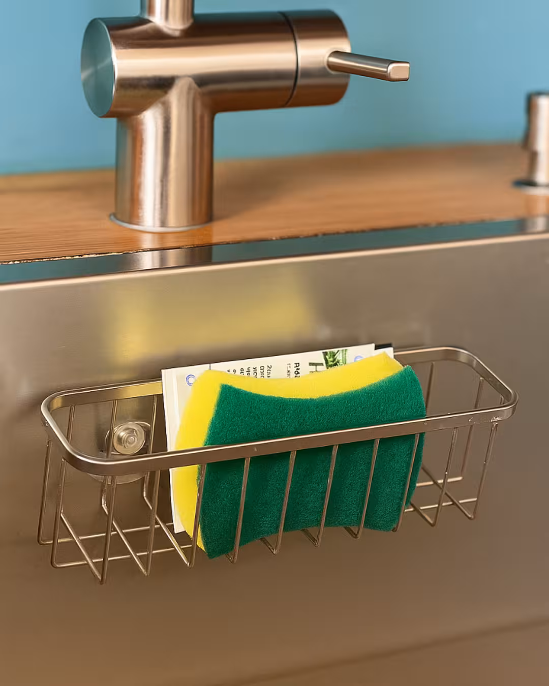 Stainless steel kitchen sink with a mounted sponge holder containing a yellow and green sponge and a cleaning product packet.