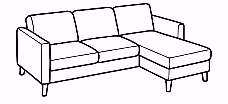 Black and white line drawing of a sectional sofa with three cushions and a chaise lounge on the right side.