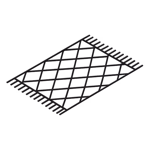 Black outdoor rug with a diagonal grid pattern and fringed edges.
