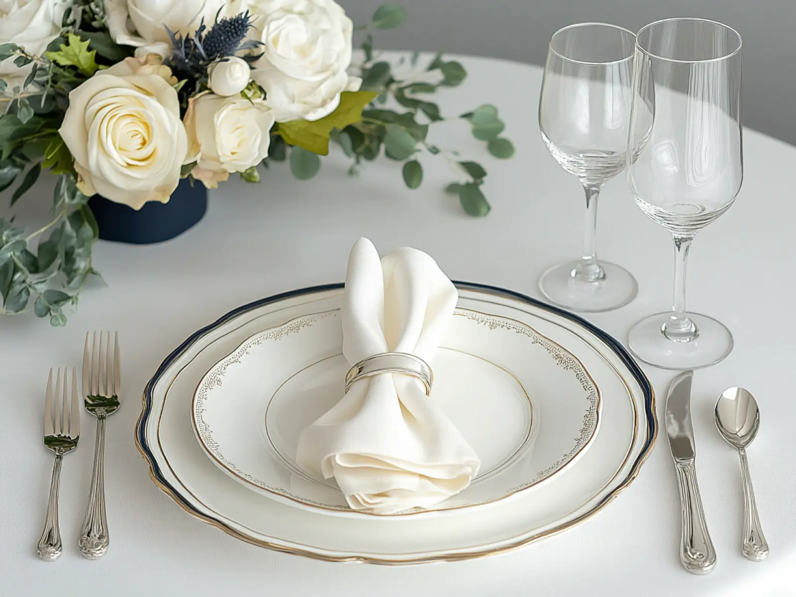 A Beaumont place setting with silverware and wine glasses