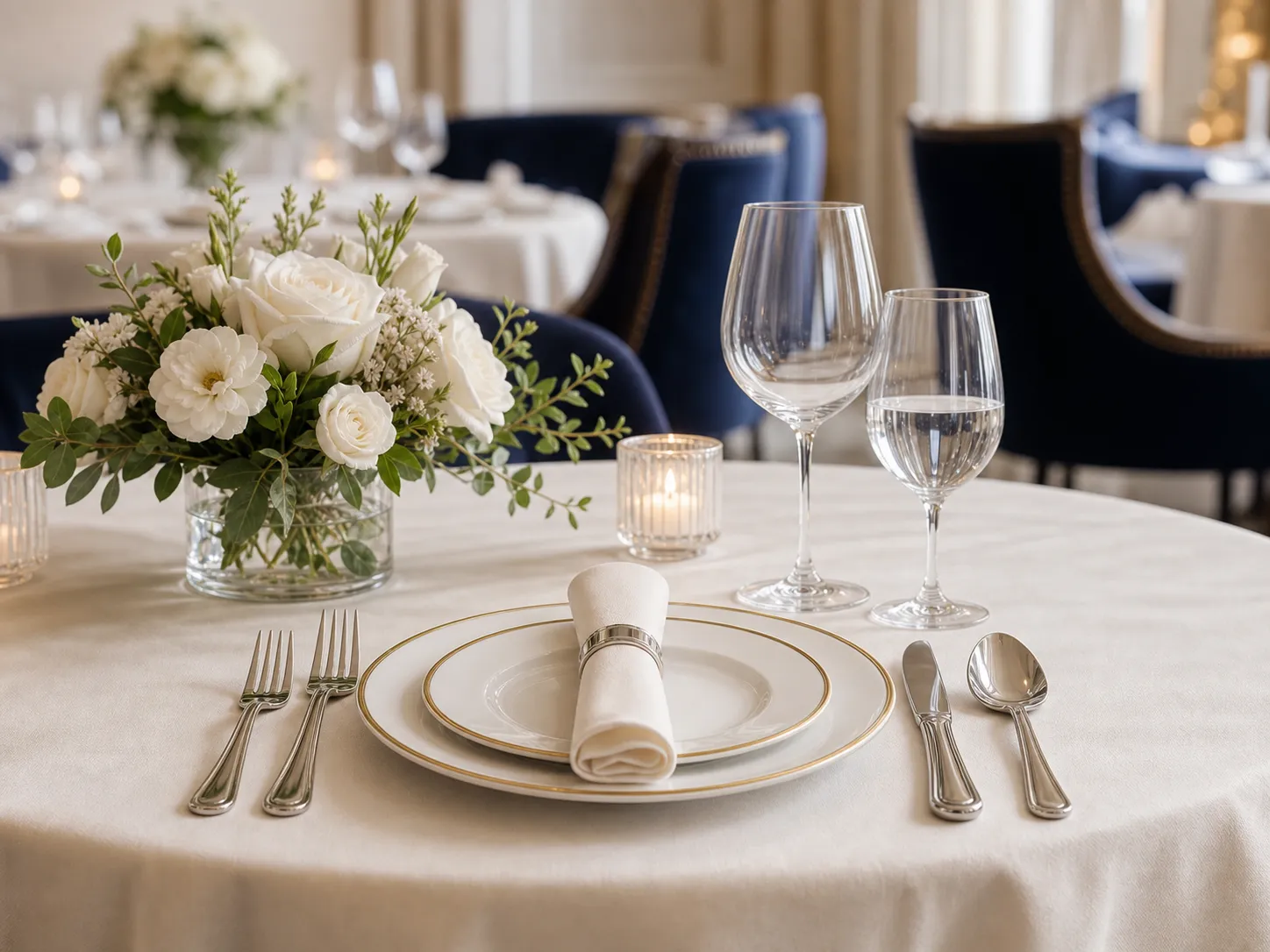 A formal table prepared with white flowers and glassware