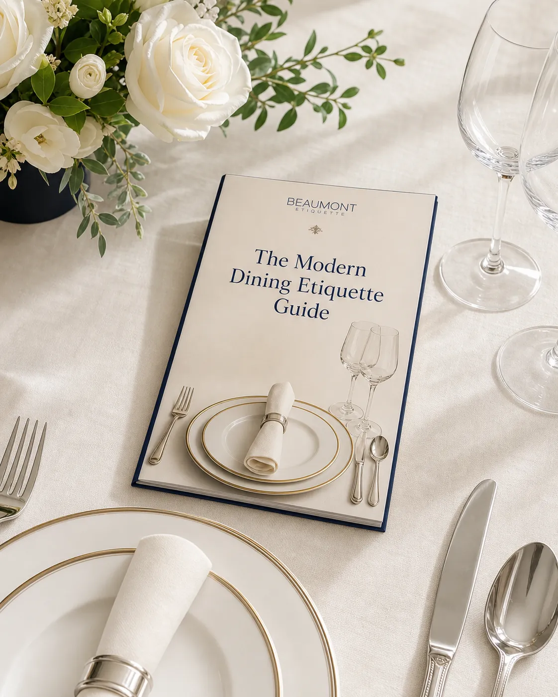 The Modern Dining Etiquette Guide beside an elegant place setting