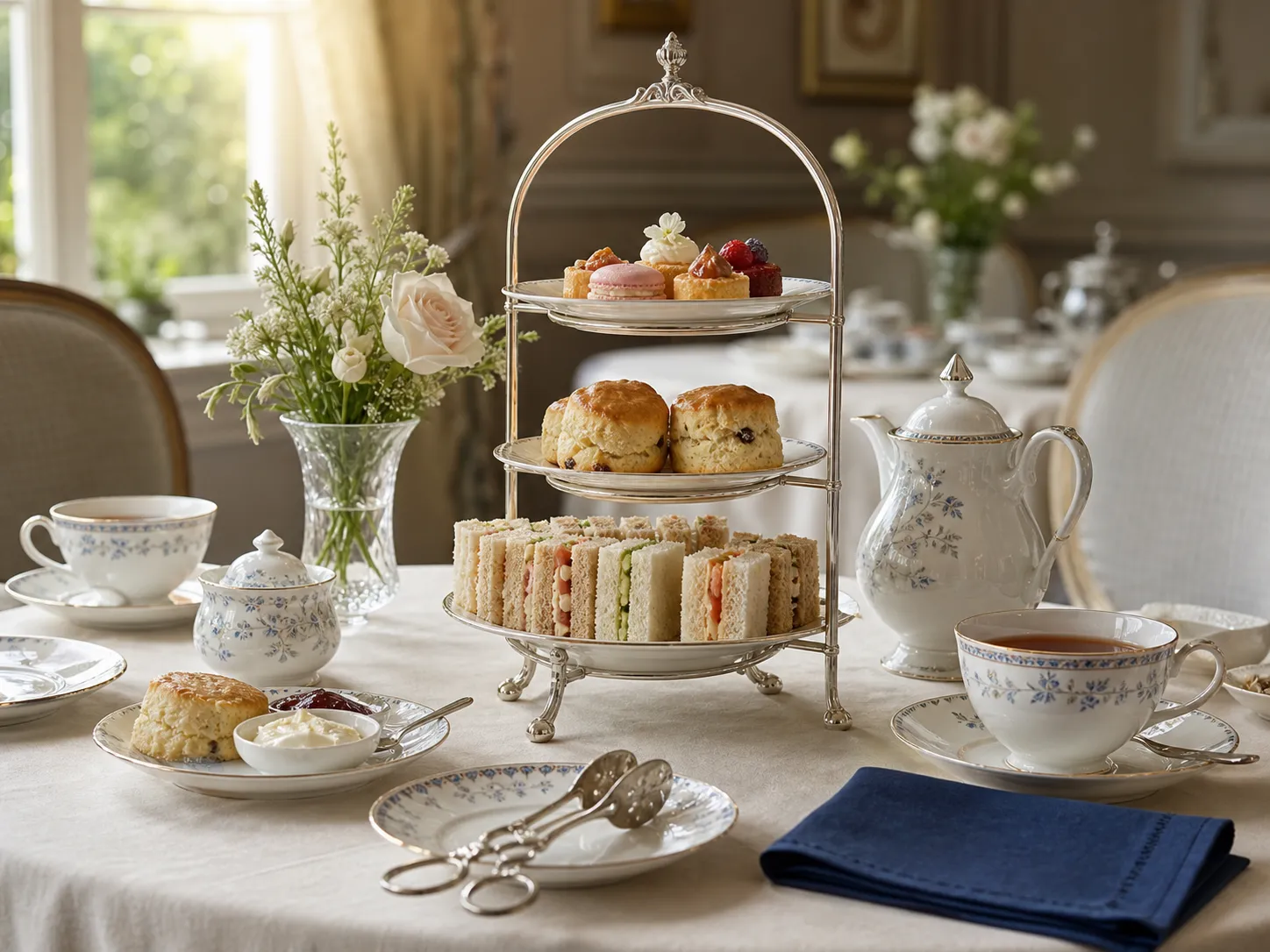 Afternoon tea arranged in warm natural light