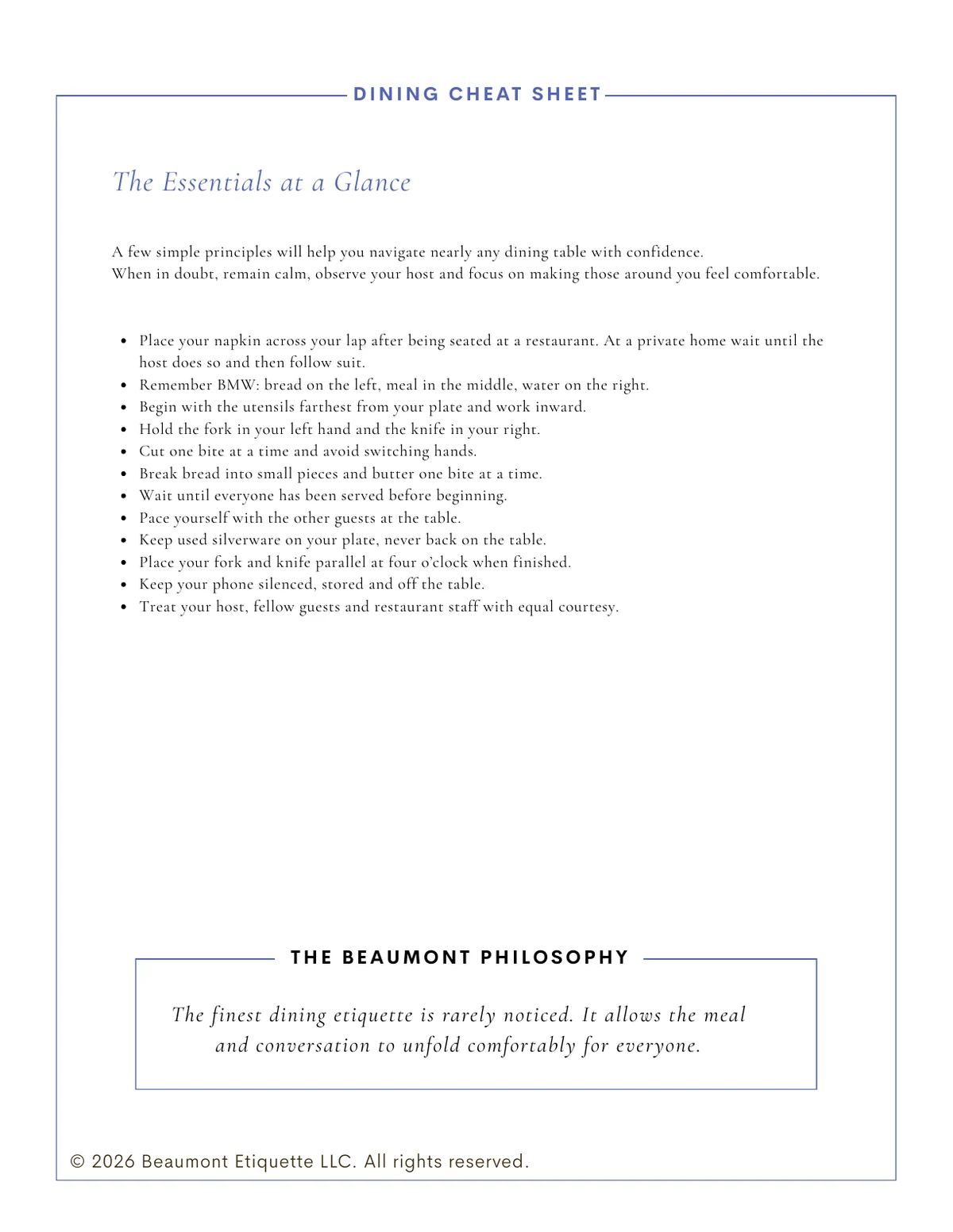 Dining cheat sheet page from The Modern Dining Etiquette Guide