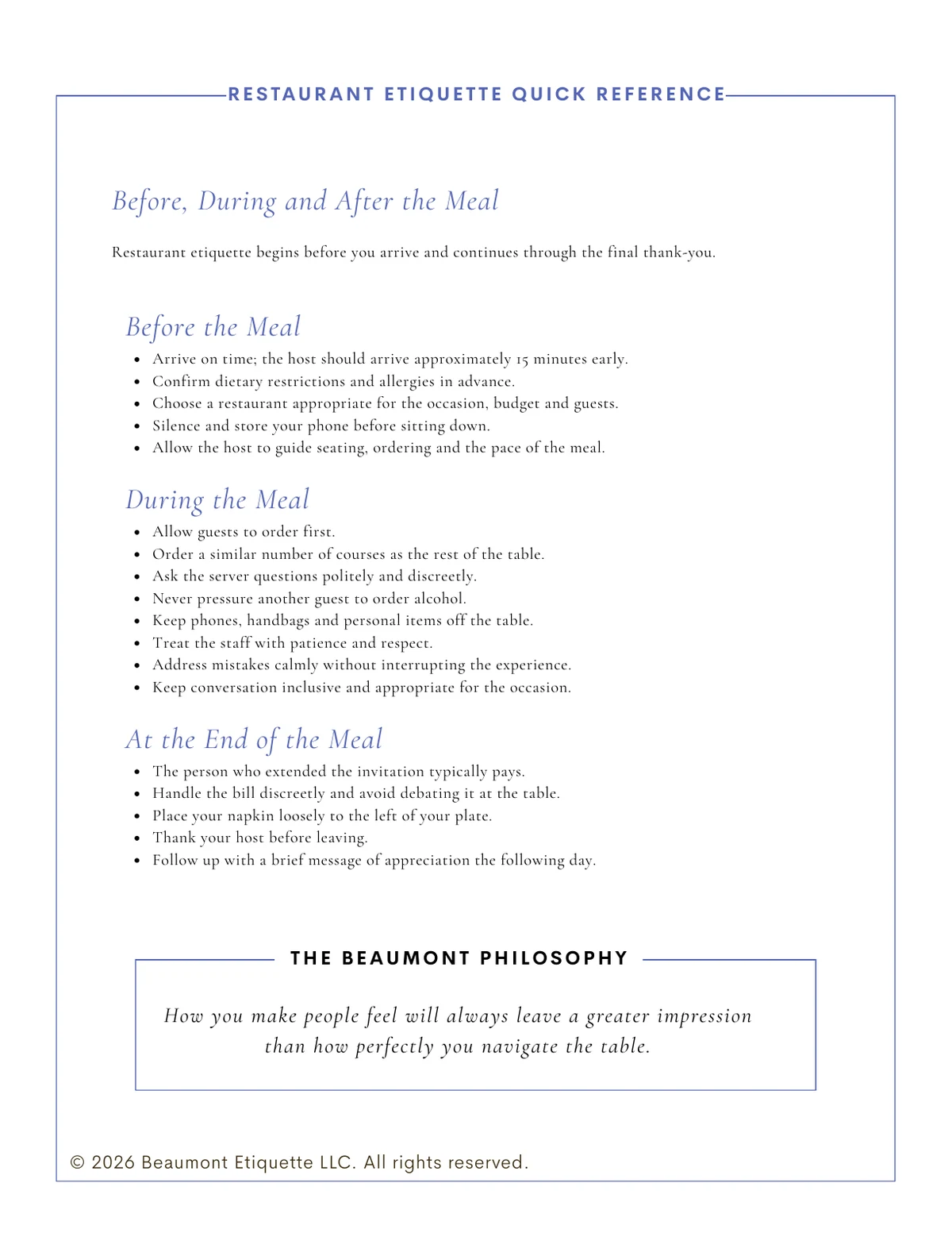 Restaurant etiquette quick reference from The Modern Dining Etiquette Guide