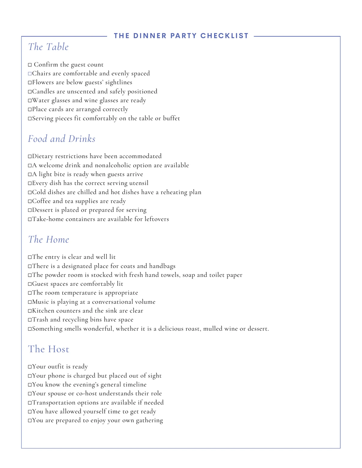 Dinner party checklist from The Art of Hosting