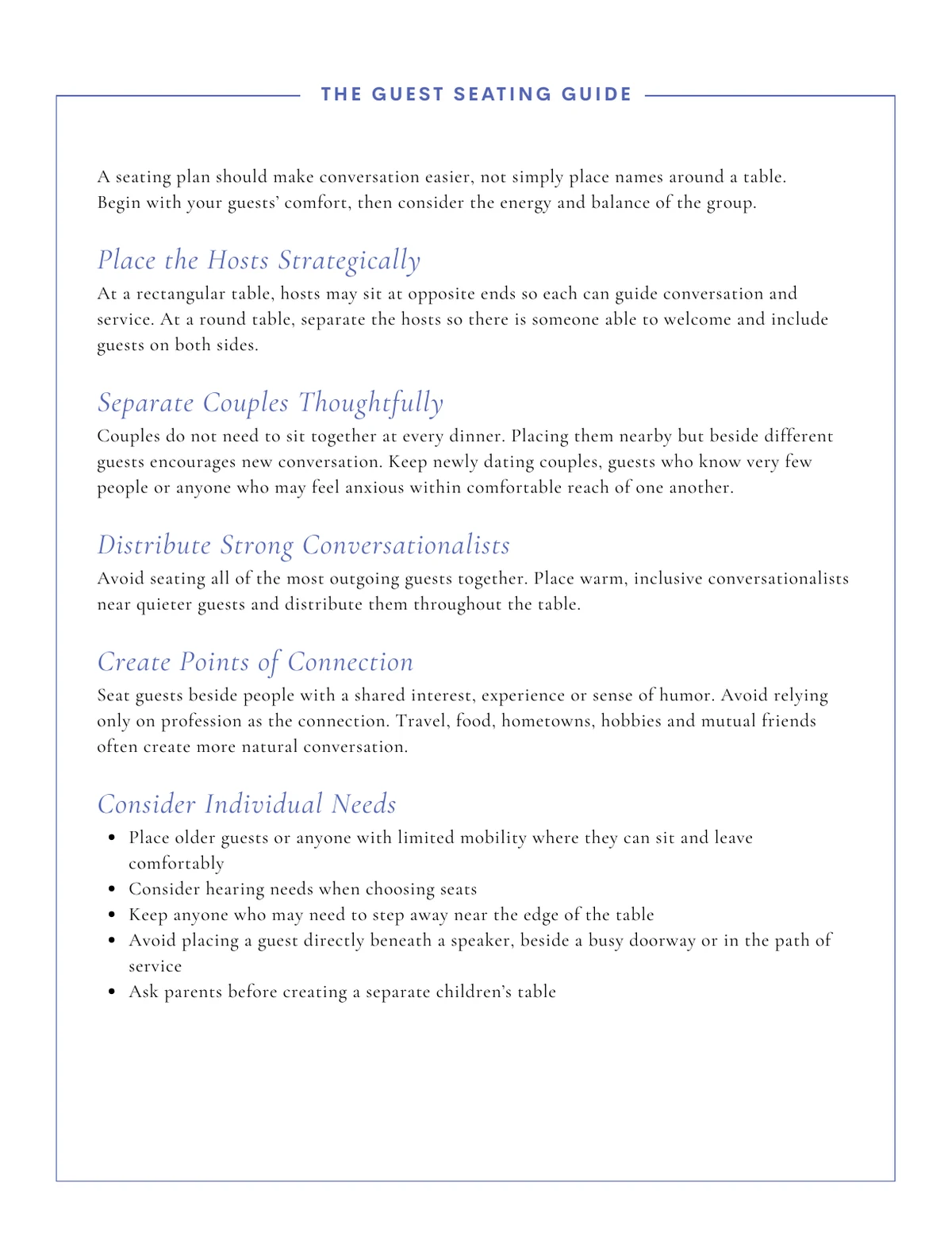 Guest seating guide from The Art of Hosting