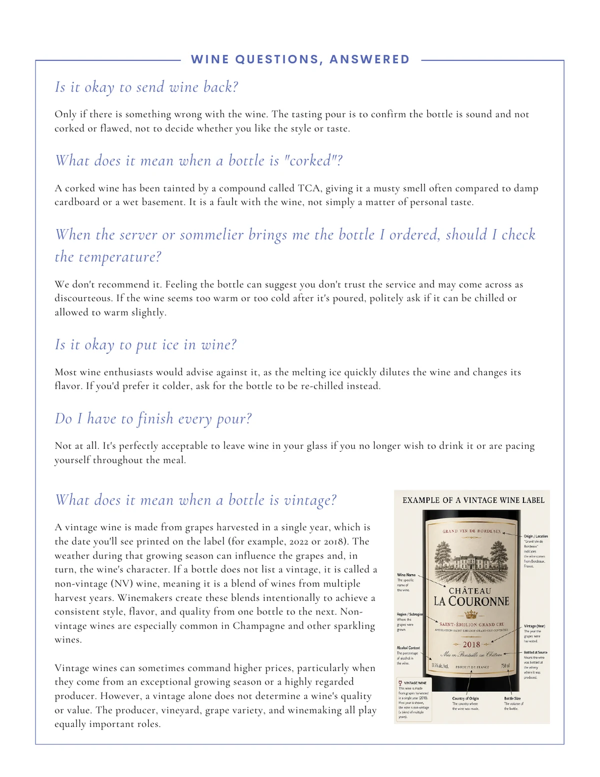 Wine questions answered page from Wine Without Intimidation